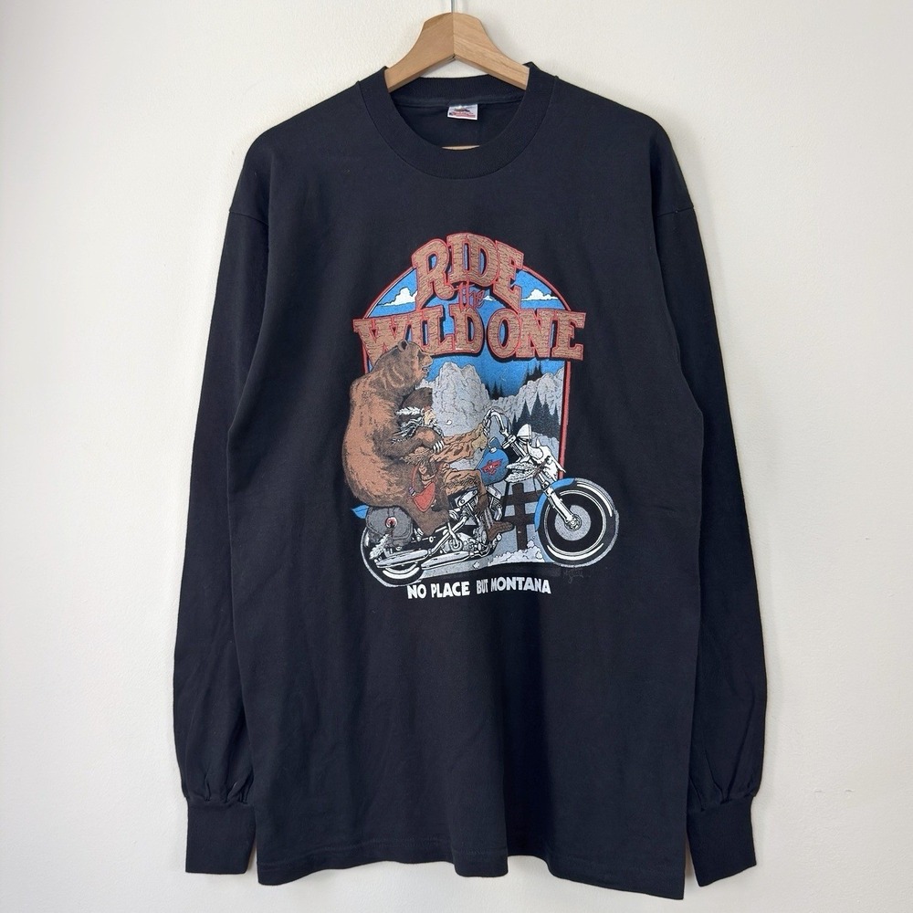 Vintage 90s Harley Davidson Ride The Wild One Bear Montana Long Sleeve Tee Shirt